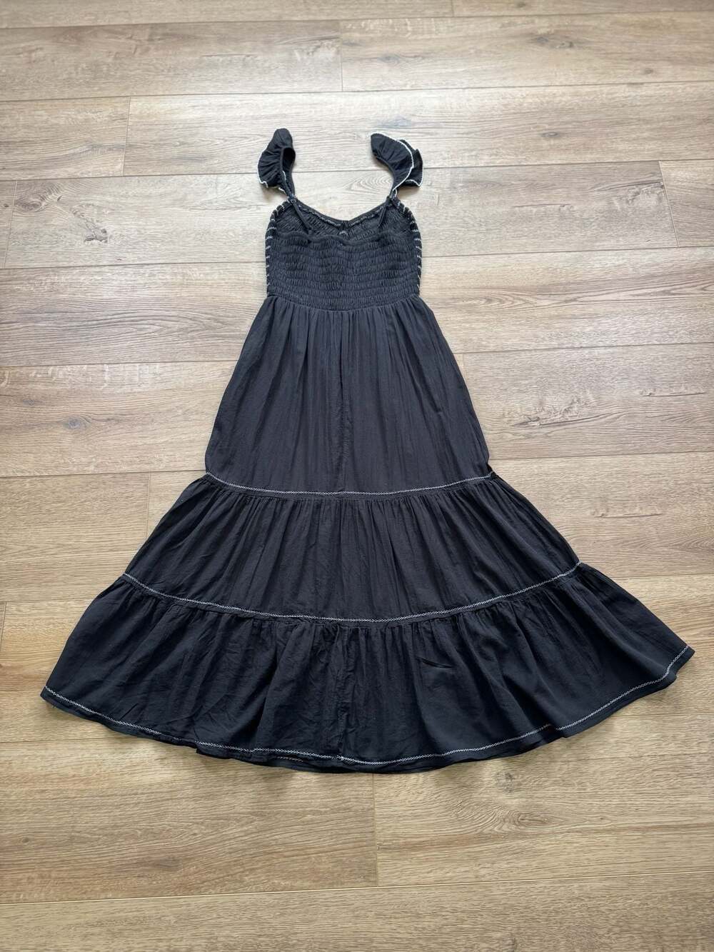 American Eagle Black Smocked Tiered Midi Dress Flutter Strap Cottagecore S - Picture 12 of 12